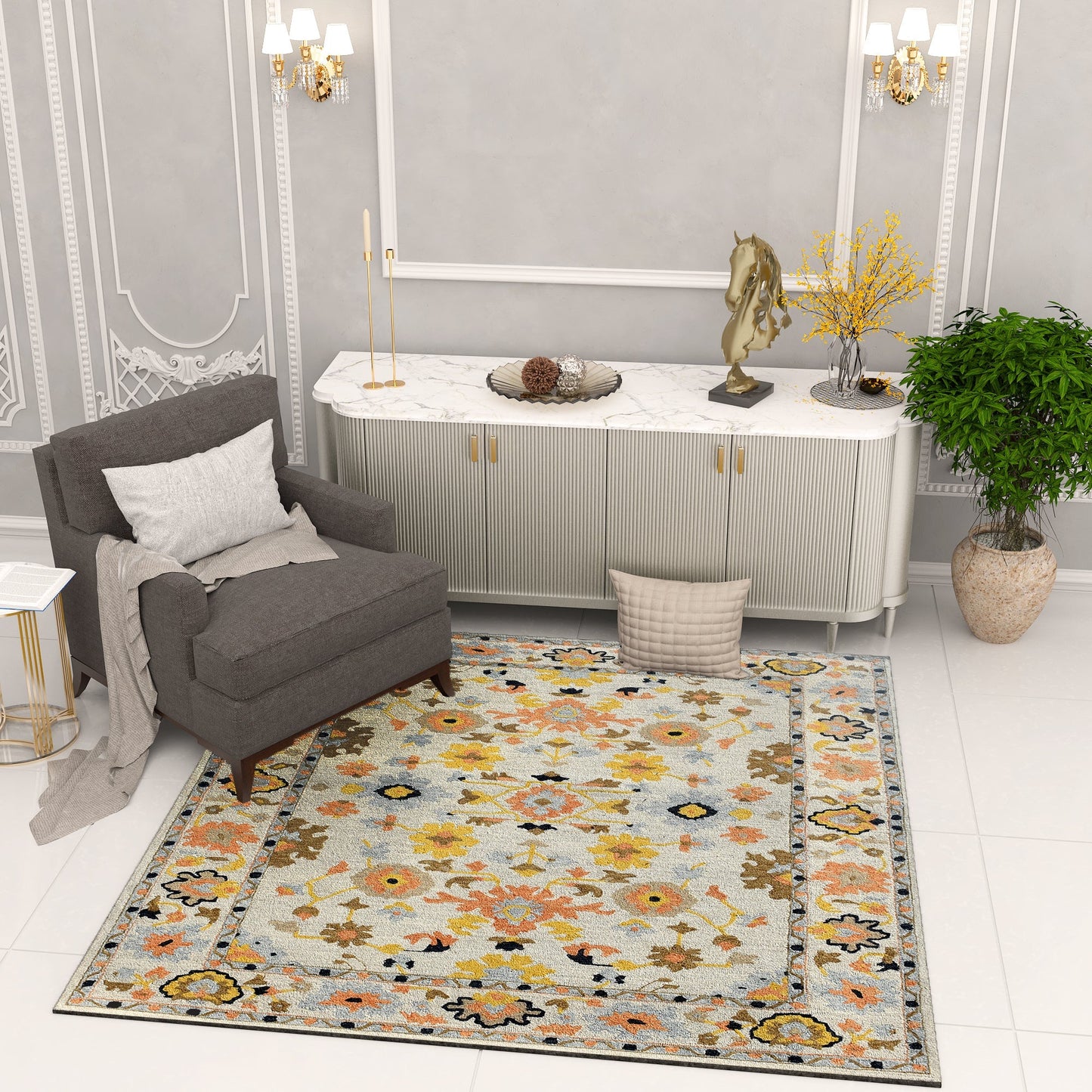 Premium Hand-Tufted Rug Made of 100% Wool - Flora Meadow - 6x6 Feet