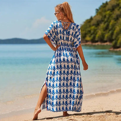 Kaftan Summer Dresses, Tassel Strings waist Blue Leaf, S-3XL