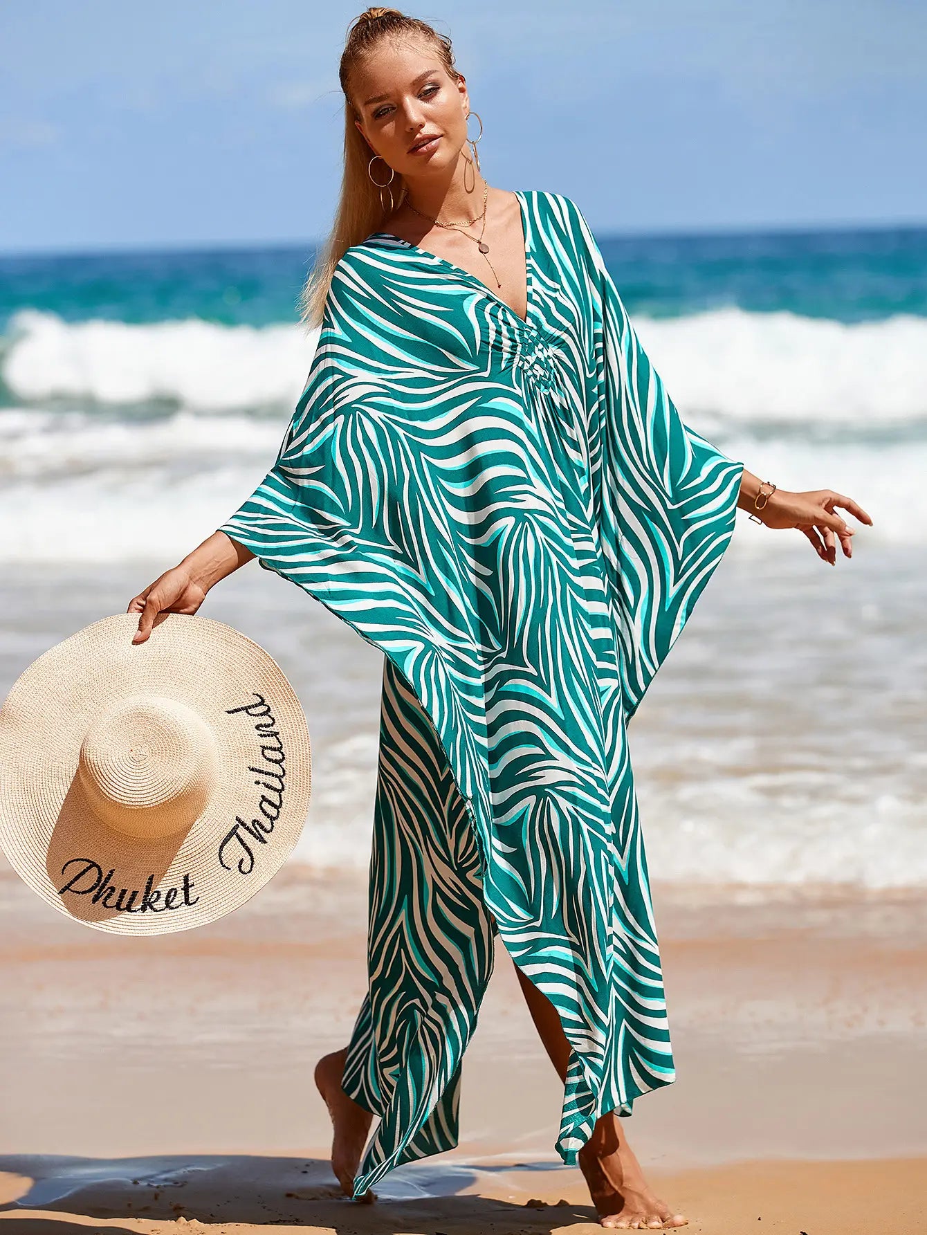 Kaftan Summer Dresses, Braided V-Neck - Green Leaf, S-3XL