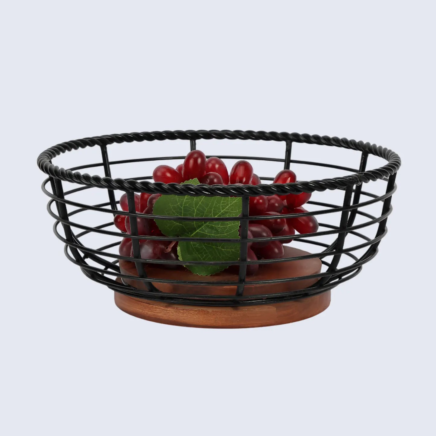 Round Black Metal & Wood Wire Design Fruit Bowl