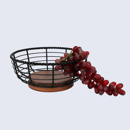 Round Black Metal & Wood Wire Design Fruit Bowl