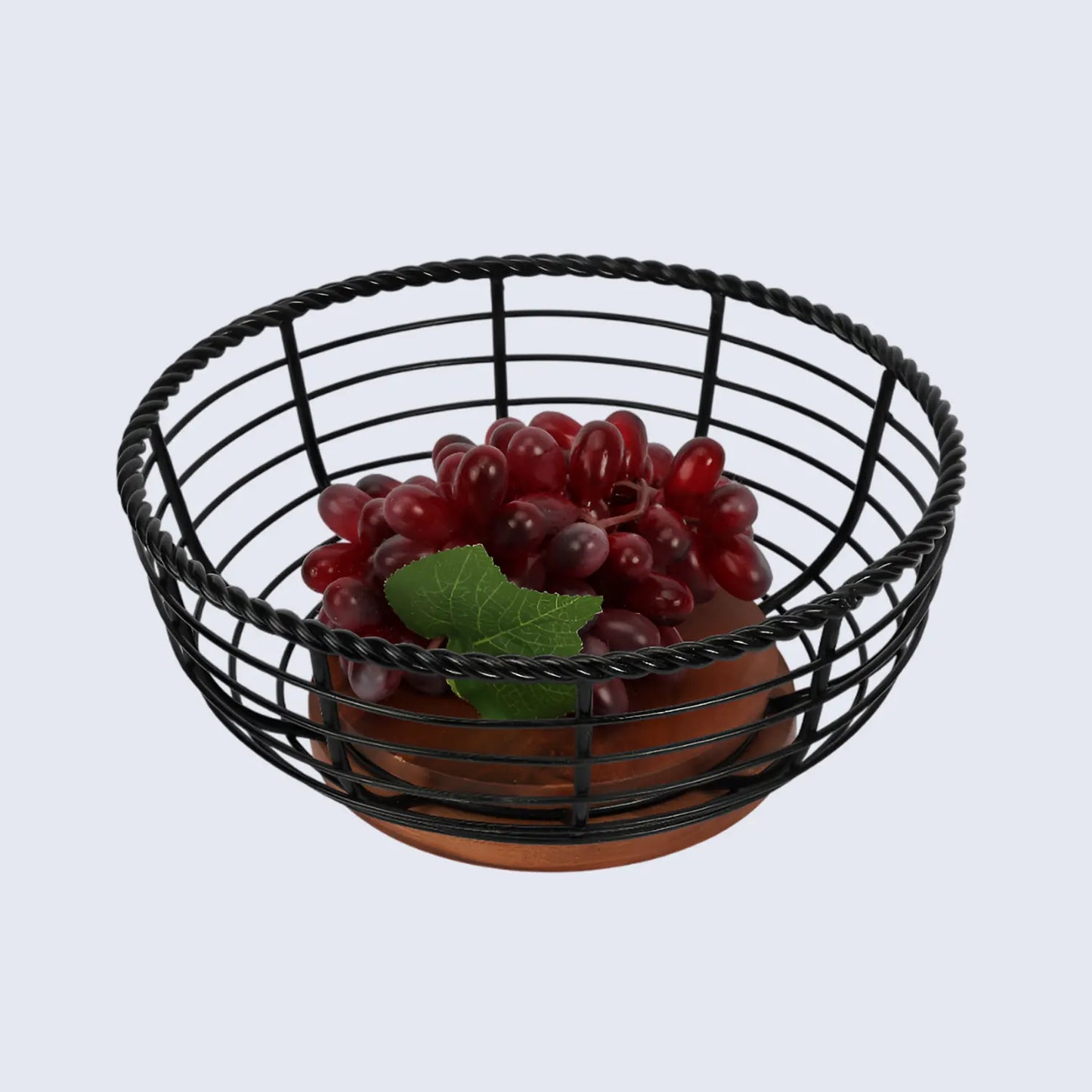 Round Black Metal & Wood Wire Design Fruit Bowl