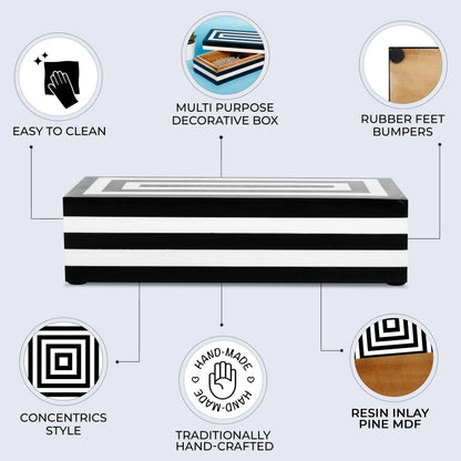 Decorative Boxes Medley Concentrics Pattern Resin Inlay Collection in 8 Sizes, Black & White