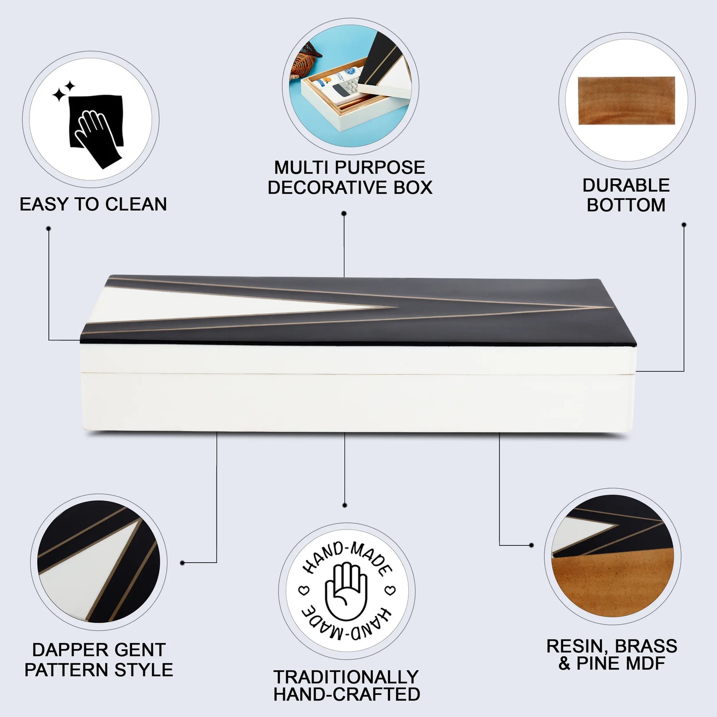 Decorative Boxes Kept Dapper Gent Pattern Resin Inlay & Brass Collection in 7 Sizes, Black & White