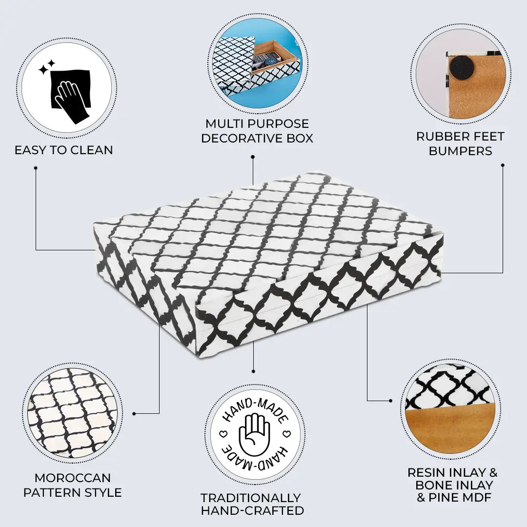 Decorative Boxes Moroccan Pattern Bone & Resin Inlay Collection in 9 Sizes, Black & White