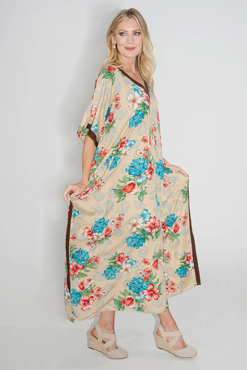 Women Long Kaftans Summer Holiday Caftan Dress Brown S-3XL