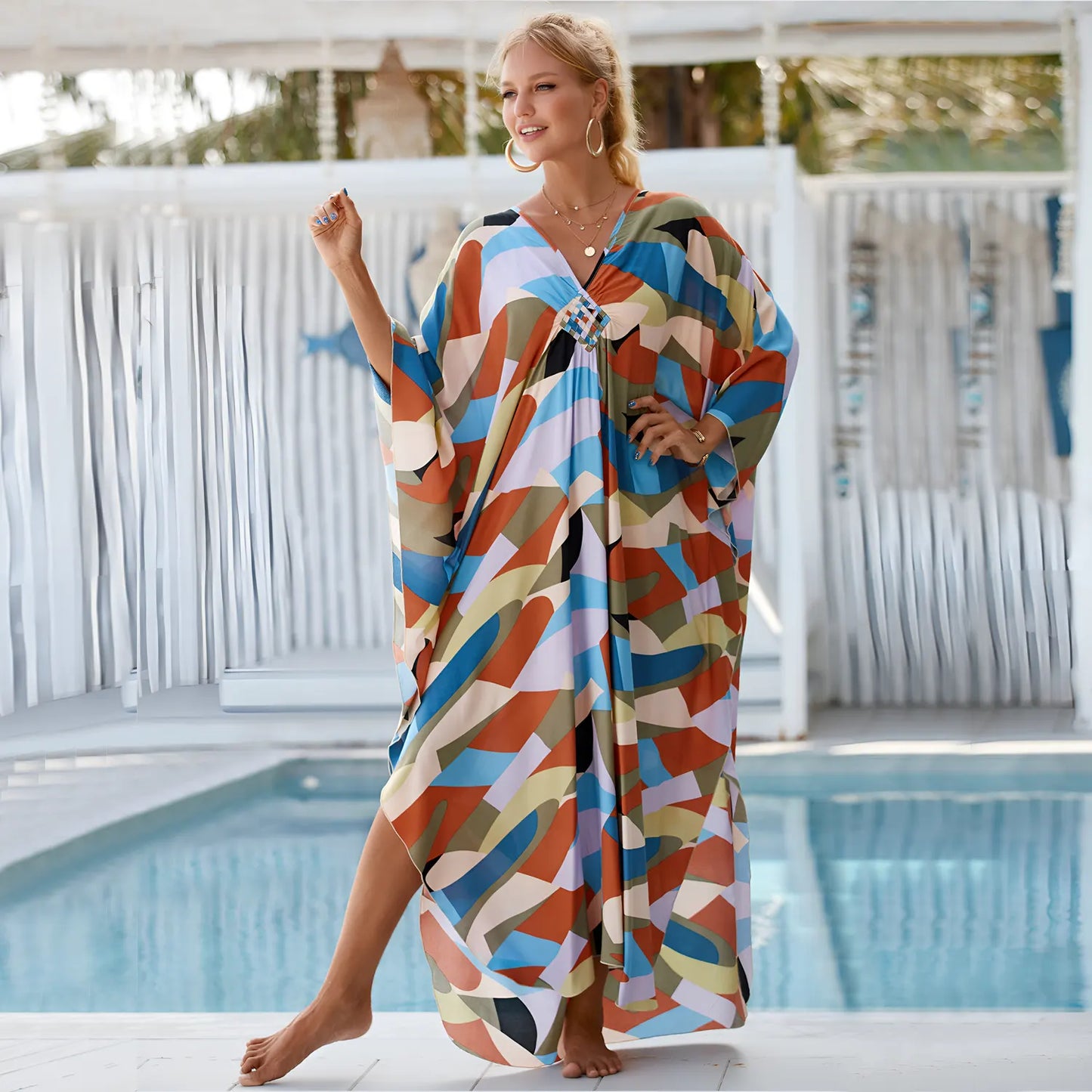 Kaftan Summer Dresses, Braided V-Neck - White Palm, S-3XL