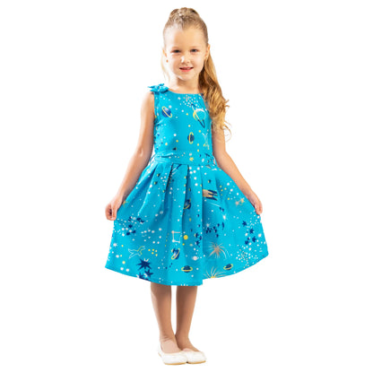Girls Kids Vintage Style Shoulder Bow Dresses sizes from Galaxy Print - Available in 3 Colors