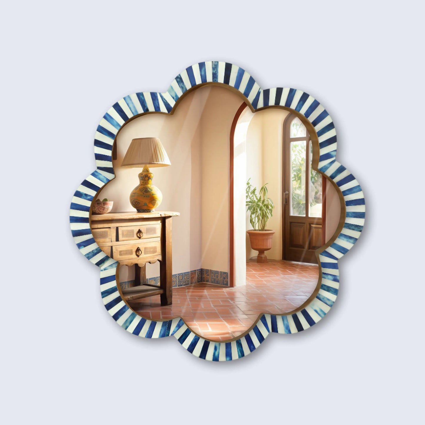 Handmade Blue & White Bone Inlay Scalloped Wall Mirror – 18 inches