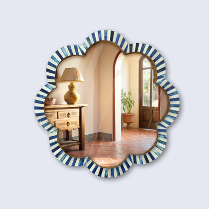 Handmade Blue & White Bone Inlay Scalloped Wall Mirror – 18 inches