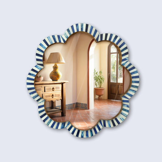 Handmade Blue & White Bone Inlay Scalloped Wall Mirror – 18 inches