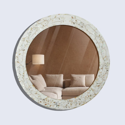 Round Mother of Pearl & Resin Inlay Wall Hanging White Mirror Frame- 22" Dia