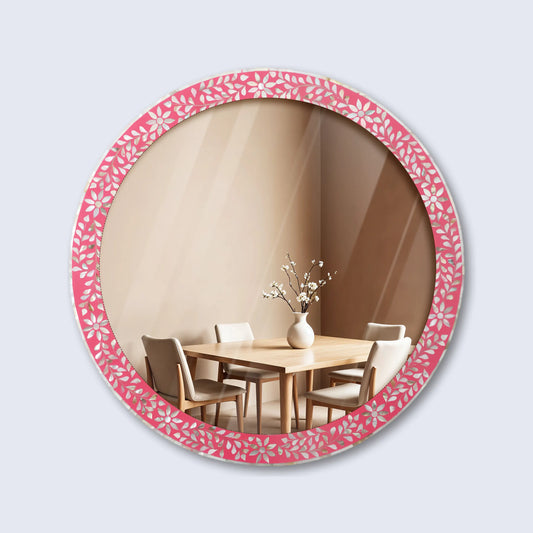 Round Mother of Pearl & Resin Inlay Wall Hanging Pink Mirror Frame- 28" Dia