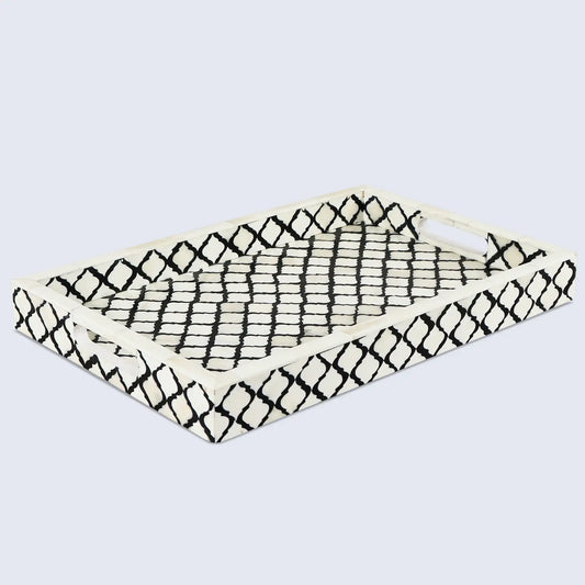 Decorative Trays Moroccan Pattern Bone & Resin Inlay Collection in 3 Sizes, Black & White