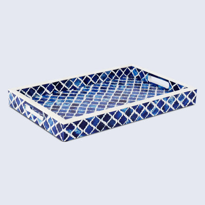 Decorative Trays Moroccan Pattern Bone & Resin Inlay Collection in 3 Sizes, Blue & White