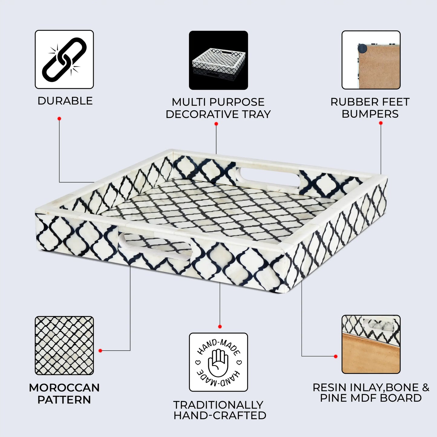 Decorative Trays Moroccan Pattern Bone & Resin Inlay Collection in 3 Sizes, Black & White