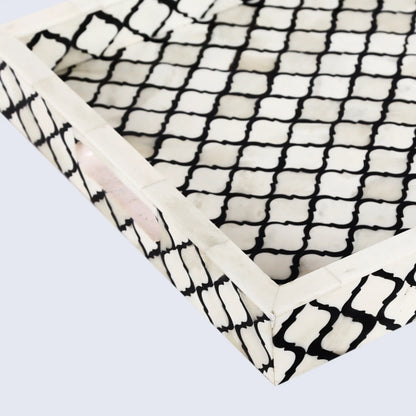 Decorative Trays Moroccan Pattern Bone & Resin Inlay Collection in 3 Sizes, Black & White