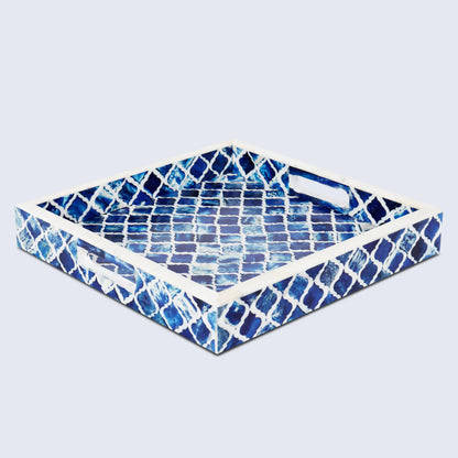 Decorative Trays Moroccan Pattern Bone & Resin Inlay Collection in 3 Sizes, Blue & White