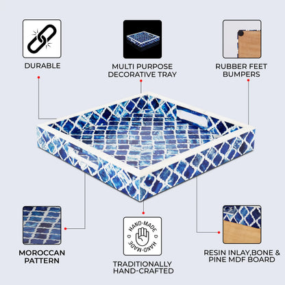 Decorative Trays Moroccan Pattern Bone & Resin Inlay Collection in 3 Sizes, Blue & White