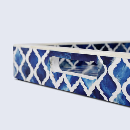 Decorative Trays Moroccan Pattern Bone & Resin Inlay Collection in 3 Sizes, Blue & White
