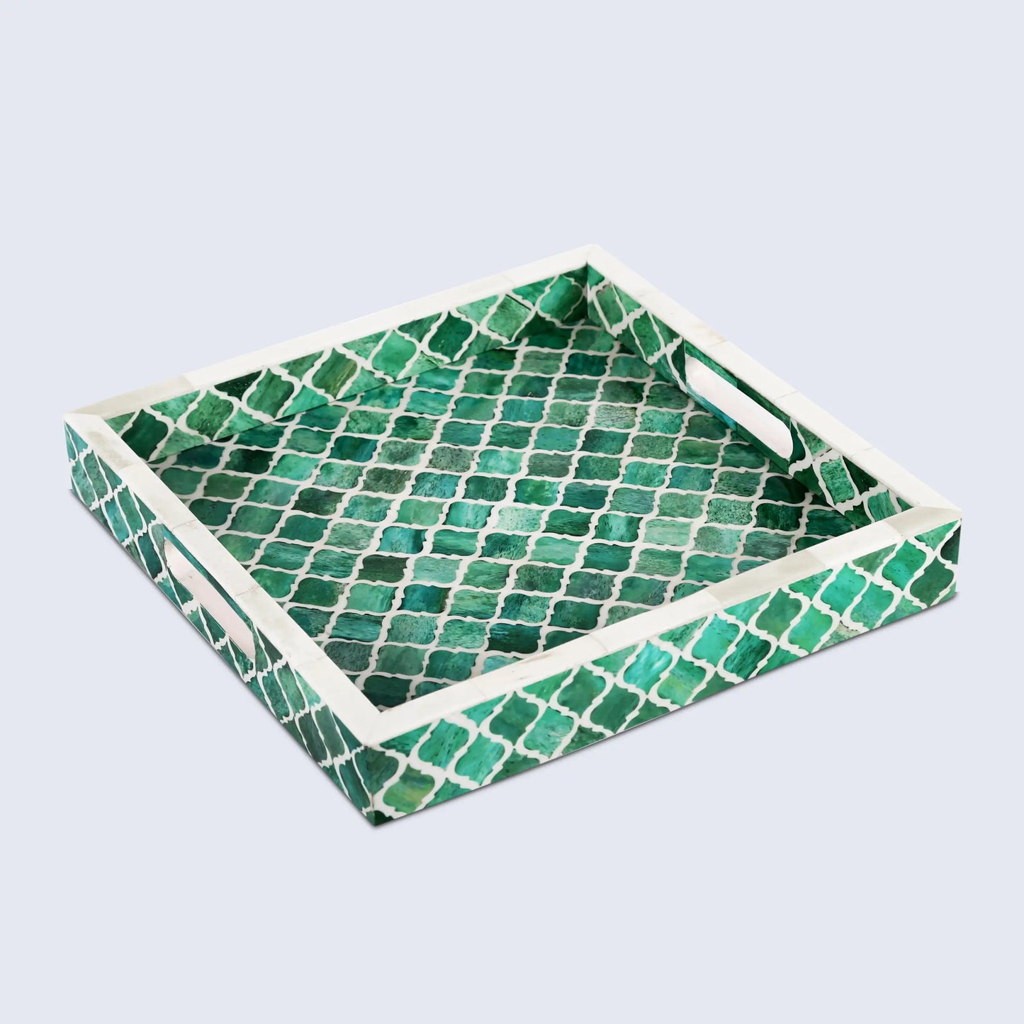 Decorative Trays Moroccan Pattern Bone & Resin Inlay Collection in 3 Sizes, Green & White
