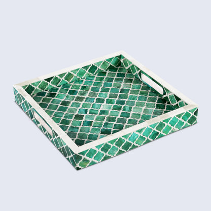Decorative Trays Moroccan Pattern Bone & Resin Inlay Collection in 3 Sizes, Green & White