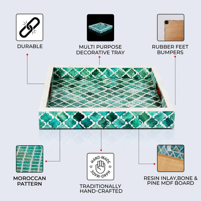 Decorative Trays Moroccan Pattern Bone & Resin Inlay Collection in 3 Sizes, Green & White
