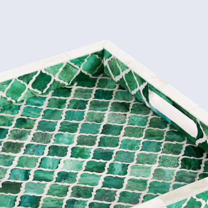 Decorative Trays Moroccan Pattern Bone & Resin Inlay Collection in 3 Sizes, Green & White