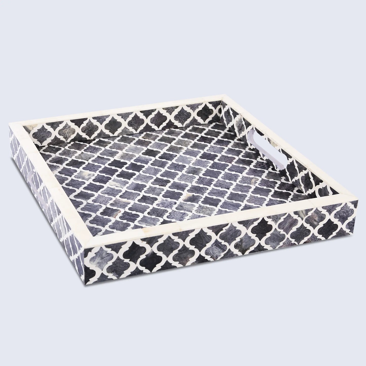 Decorative Trays Moroccan Pattern Bone & Resin Inlay Collection in 3 Sizes, Grey & White