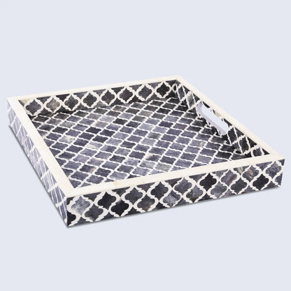 Decorative Trays Moroccan Pattern Bone & Resin Inlay Collection in 3 Sizes, Grey & White