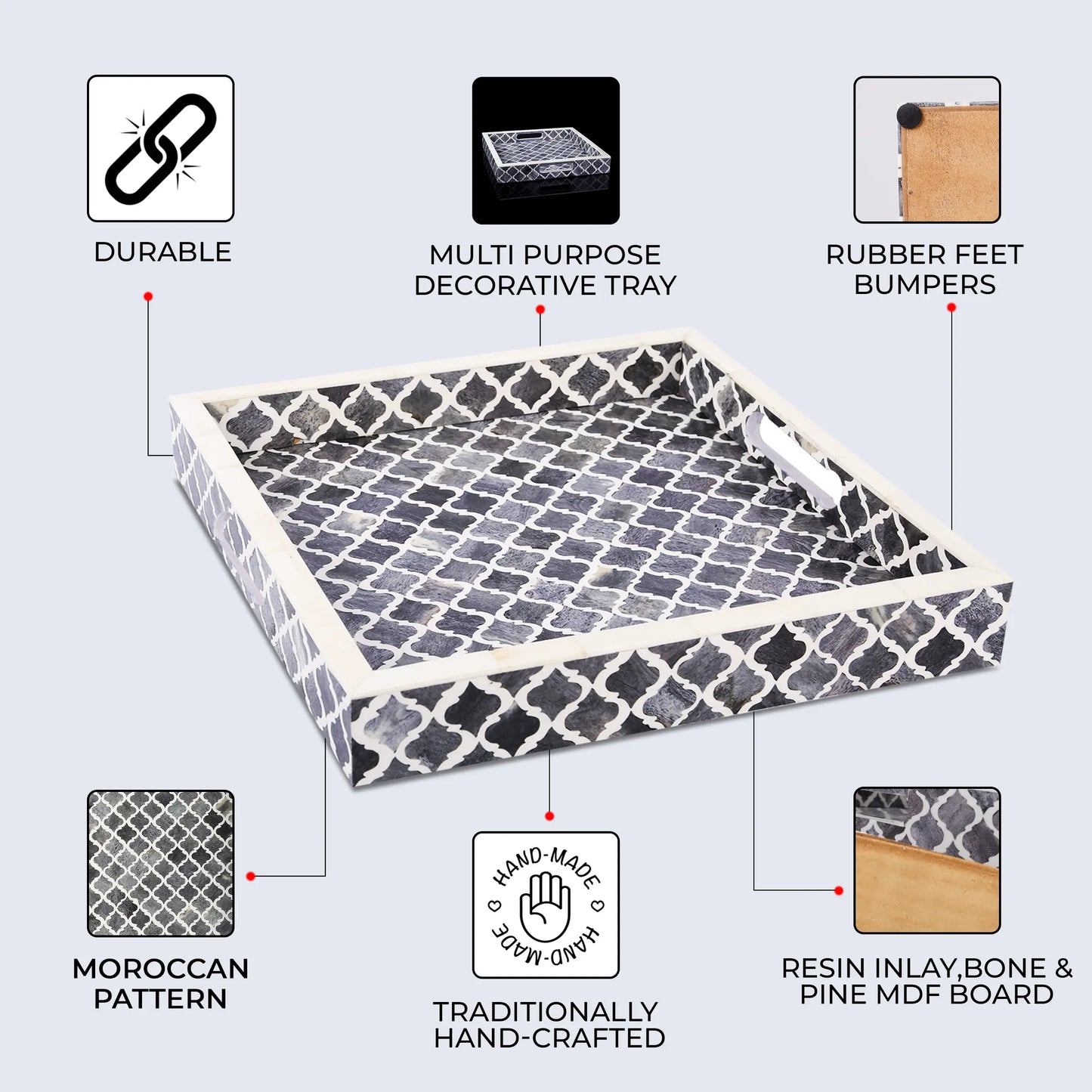 Decorative Trays Moroccan Pattern Bone & Resin Inlay Collection in 3 Sizes, Grey & White