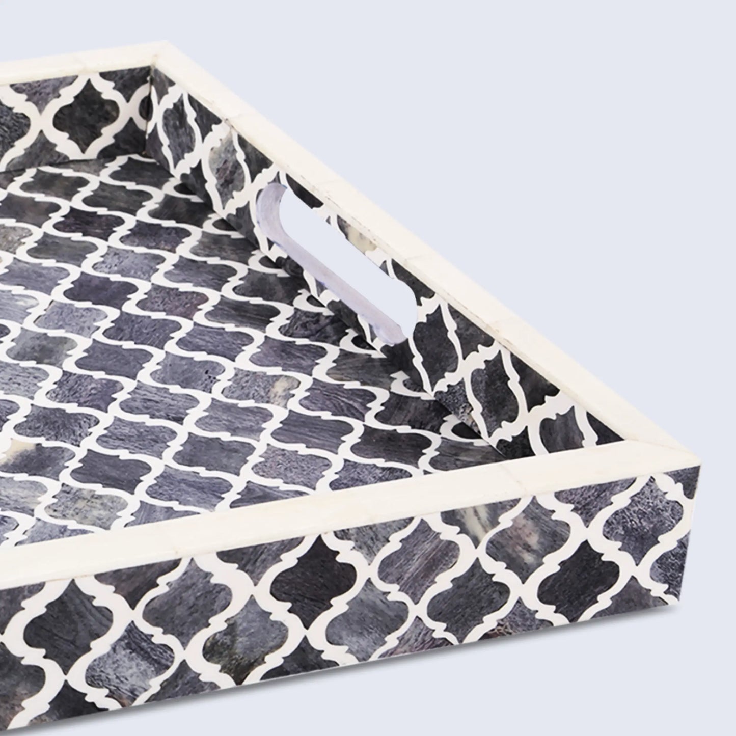 Decorative Trays Moroccan Pattern Bone & Resin Inlay Collection in 3 Sizes, Grey & White