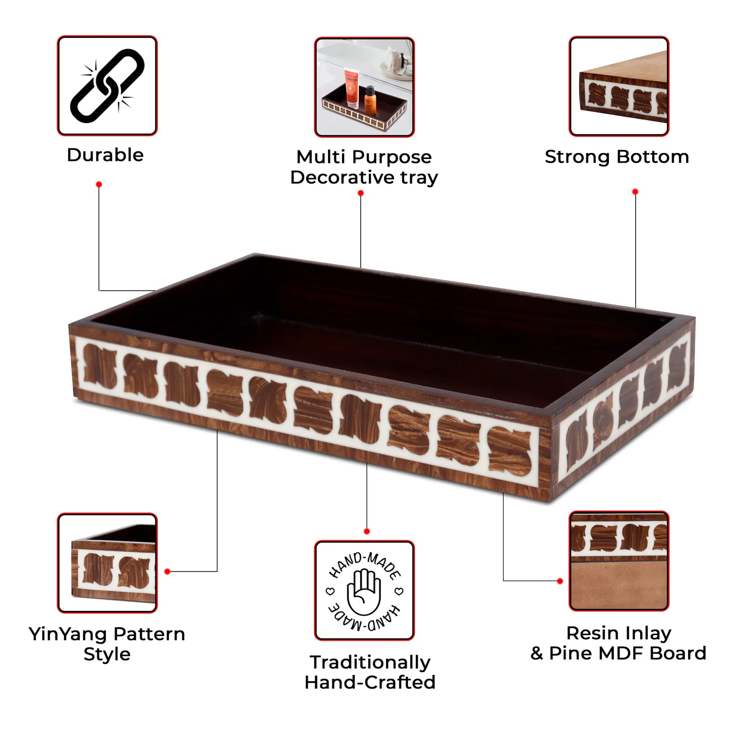 Vanity Trays Illusion Yinyang Pattern Resin Inlay Collection in 10x6, Brown
