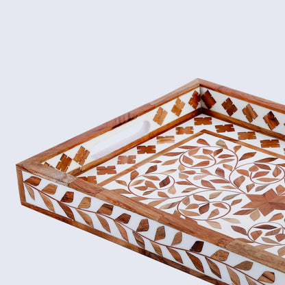Decorative Tray Alhambra El Plato Pattern Wood & Resin Inlay Collection in 11x17, Brown & White