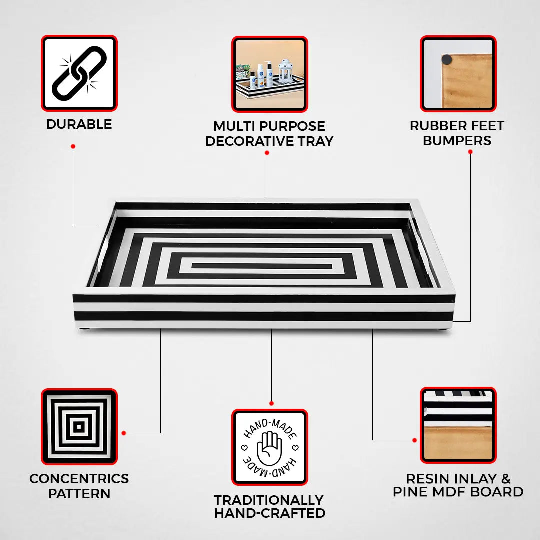 Decorative Trays Concentrics Pattern Resin Inlay Collection in 2 Sizes, Black & White