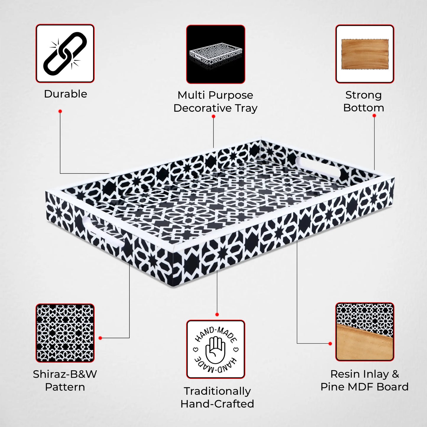Decorative Trays Shiraj Pattern Resin Inlay Collection in 2 Sizes, Black & White