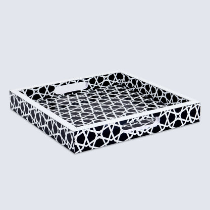 Decorative Trays Zellij Pattern Resin Inlay Collection in 2 Sizes, Black & White
