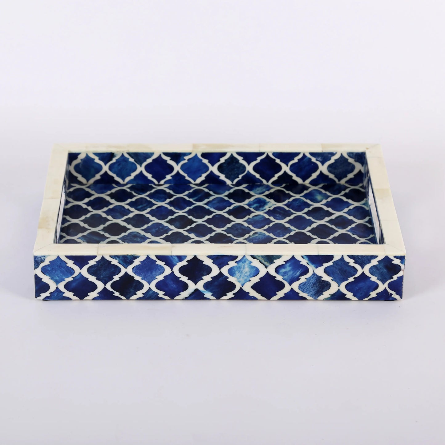 Decorative Trays Moroccan Pattern Bone & Resin Inlay Collection in 3 Sizes, Blue & White