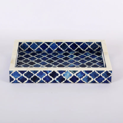 Decorative Trays Moroccan Pattern Bone & Resin Inlay Collection in 3 Sizes, Blue & White