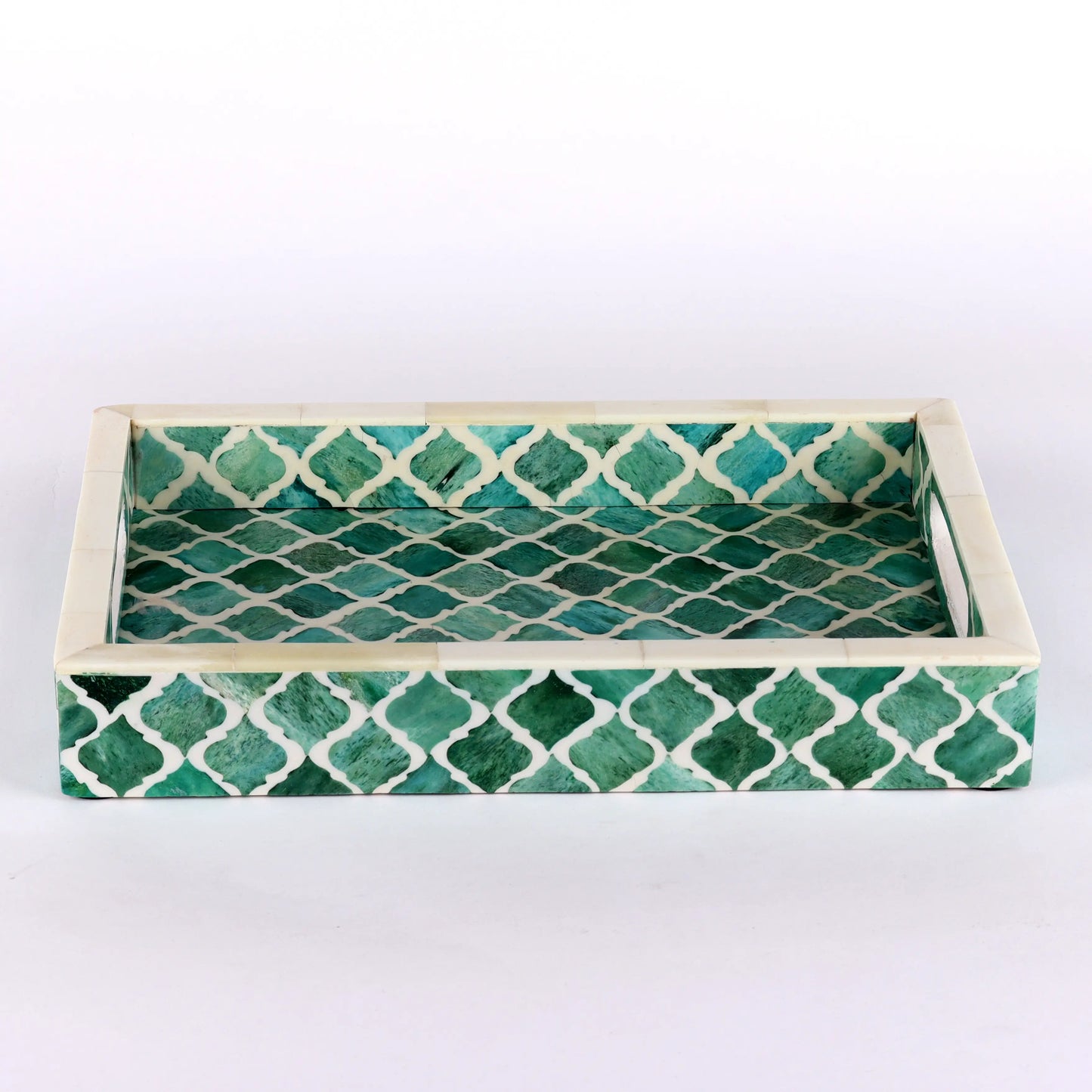 Decorative Trays Moroccan Pattern Bone & Resin Inlay Collection in 3 Sizes, Green & White