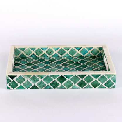 Decorative Trays Moroccan Pattern Bone & Resin Inlay Collection in 3 Sizes, Green & White