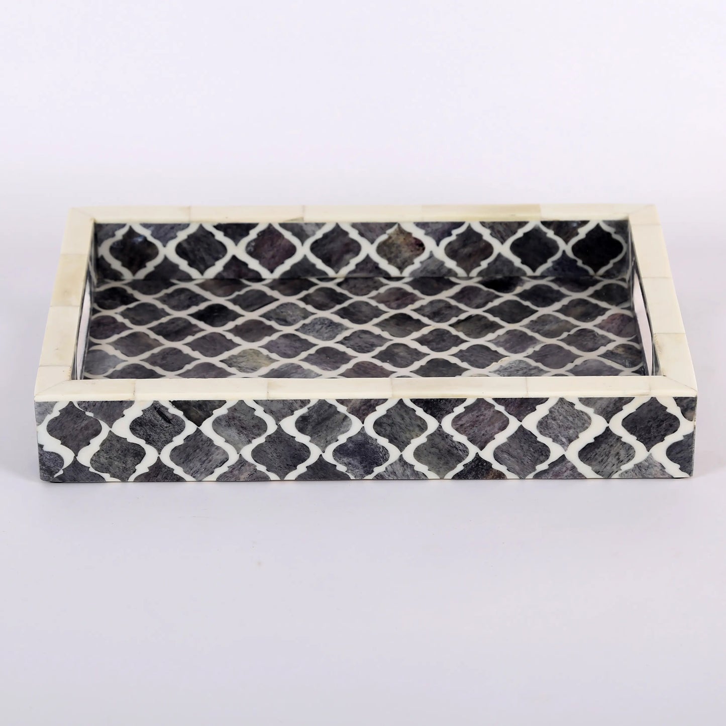 Decorative Trays Moroccan Pattern Bone & Resin Inlay Collection in 3 Sizes, Grey & White